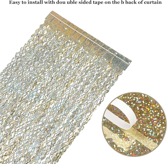 4 Pack Champagne Gold Fringe Curtain Backdrop - CYLMFC 3.3 ft x 6.6 ft Shimmer Wavy Foil Curtain for Birthday Party, Yellow Fringe Backdrop Streamers Party Decorations