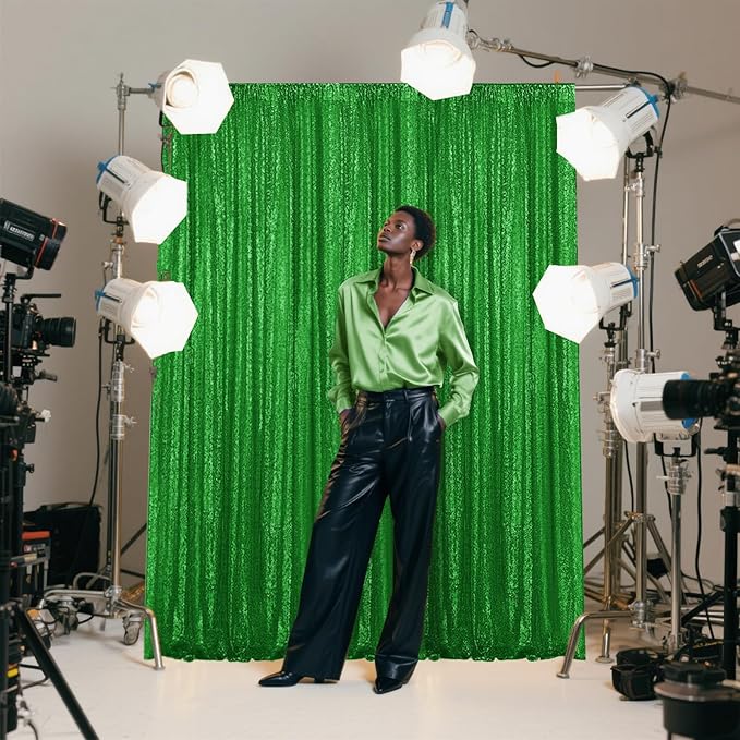 Green Sequin Backdrop Curtain 2 Pieces 2FTx8FT Glitter Photography Backdrop for Party Wedding Birthday Christmas Decorations