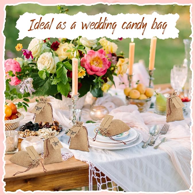 Gift Bags, 100 Dark Brown Burlap Drawstring Bags with Kraft Tags