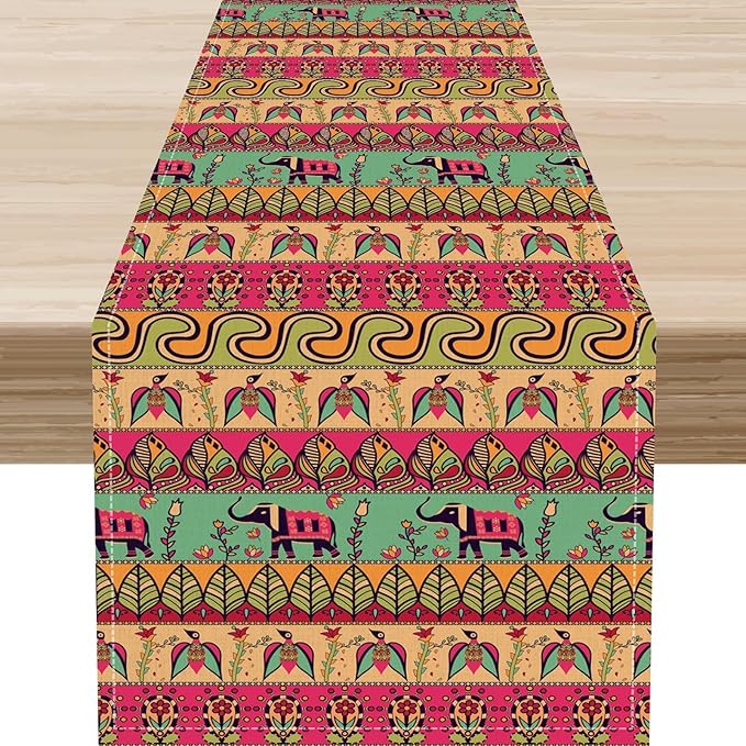 Boho Table Runner, Indian Bohemian Elephant Mandala Paisley Floral Hippie Art Print Table Center Decor for Home Kitchen Dining Patio Holiday Party Indoor Outdoor Table Decorations, 13"x90" Inch