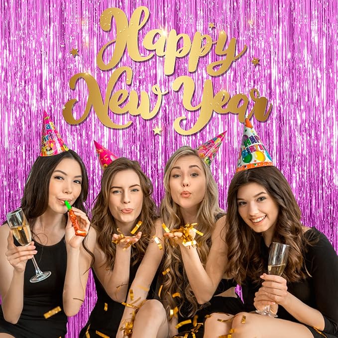 2 Pack Hot Pink Backdrop Curtain Party Streamers Hot Pink Birthday Decorations Foil Fringe Photo Backdrop Party Supplies Fiesta Grad Theme Decorations