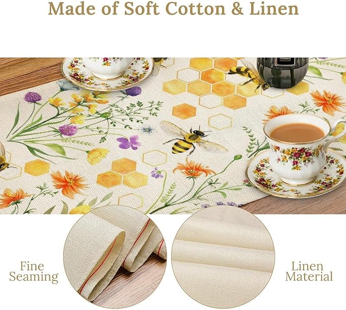 Summer Bee Table Runner, Seasonal Spring Wildflowers Bee Yellow Honeycombs Farmhouse Table Runner for Kitchen Dining Table Home Party Decor, 13x108inch