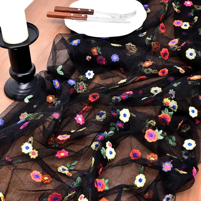 Joanlody 3pcs Black Embroidery Daisy Fall Thanksgiving Table Runner 10ft Florals Seasonal Tulle Table Runner Holiday Kitchen Dining Table Decoration for Home Party Indoor
