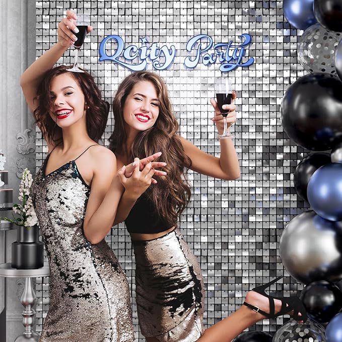 Qcity Silver Shimmer Wall Backdrop 30PCS, Black Back Not See-Through Design, Square Sequin Glitter Backdrop Panel, Perfect for Outdoor Events, Birthdays, Wedding and Party Decoration