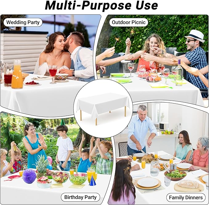 4 Packs White Plastic Tablecloth, Sturdy Disposable Table Cloth, 54 X 108 Inches Paper Table Cloths for Parties Disposable, Effortless Cleanup for Picnic Table Cloths Parties Birthday and Any Occasion