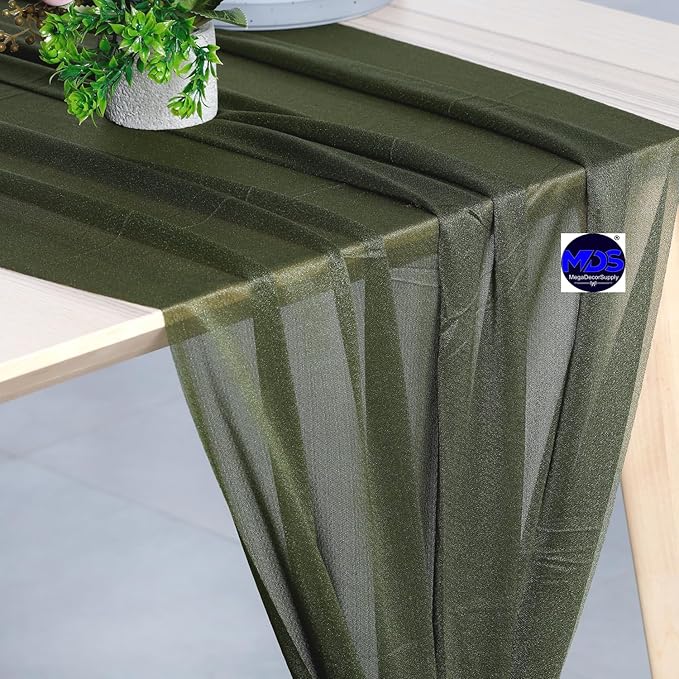 MDS Halloween Chiffon Table Runner - 15 Pack, 29 x 170 Inches, 14ft Each - Sheer Spooky Table Runners for Haunted House Parties, Trick-or-Treat Tables, Witchy Décor, Wedding & Events - Olive Green