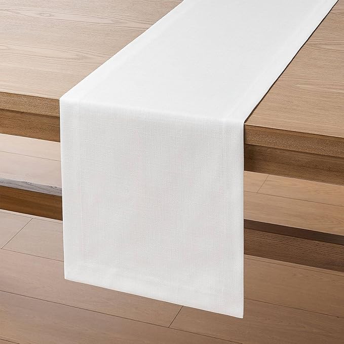 ZeeMart Linen Textured Border Table Runner, 14 x 36 Inch White, Farmhouse Style White Table Runners 36 Inches Long, Easy Care Everyday Polyester Table Runner