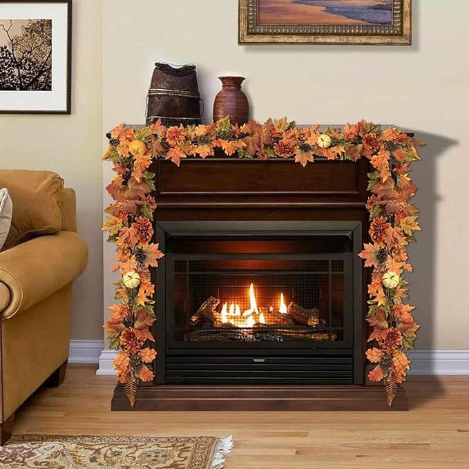 Fall Maple Leaf Garland 6 Ft Artificial Vine with Pumpkins