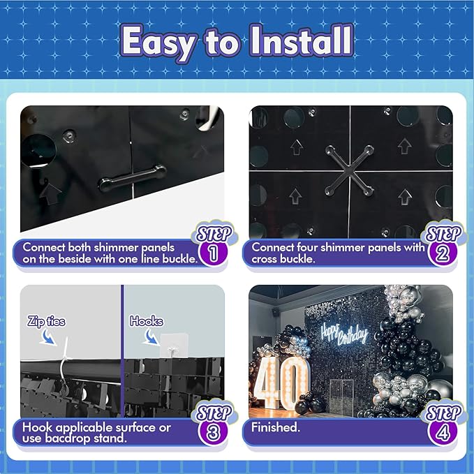 Qcity Light Gold Shimmer Wall Backdrop 36PCS, Black Back Not See-Through Design, Square Sequin Glitter Backdrop Panel, Perfect for Outdoor Events, Birthdays, Wedding and Party Decoration