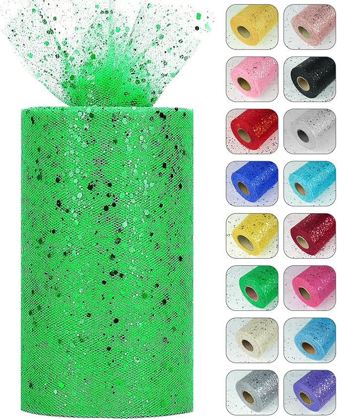Glitter Tulle Rolls, 6” by 50 Yards (150FT) Sparkling Tulle Spool Ribbon Sequin Tulle Netting Fabric for Tutu Skirt Wedding Birthday Baby Shower (Green)