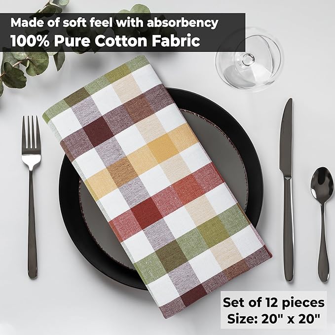 Harvest Check Cloth Napkins, 20x20 Square Cotton Dinner Napkins