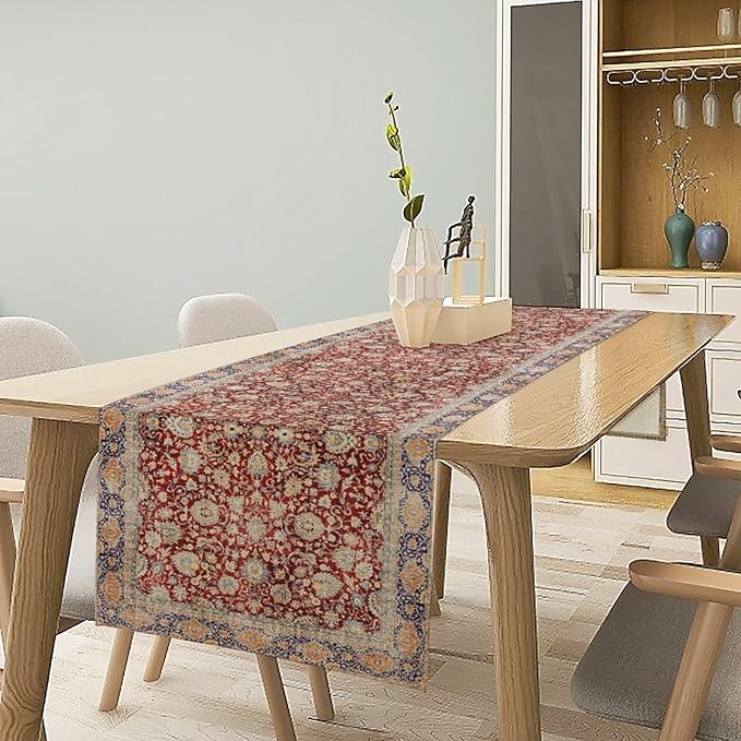 Boho Bohemia Style Table Runner, Vintage Red Blue Retro Flower Rustic Country Style Floral Print Pattern for Home Kitchen Table Decor Dining Coffee Room Garden Party Decor 13x90in