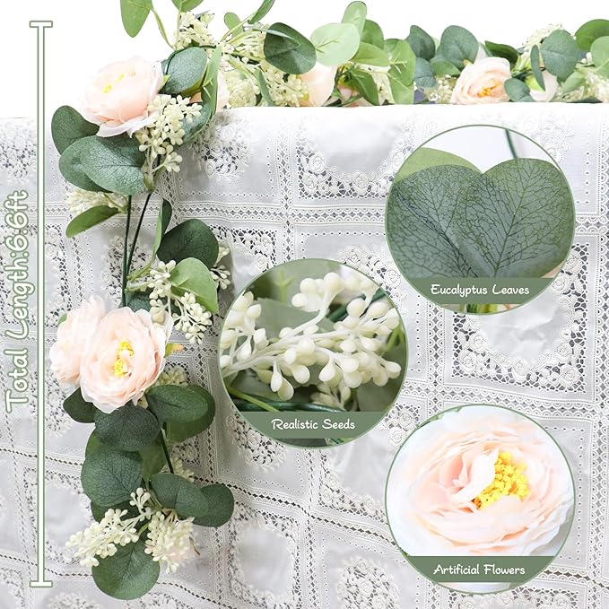 MAKHOT 2 Pcs Pink 6.6Ft Artificial Eucalyptus Flower Garland with Fake Rose Flower Vine Seeded Eucalyptus Leaves Greenery Garland for Wedding Table Backdrop Party Centerpiece Room Decor (Pink)