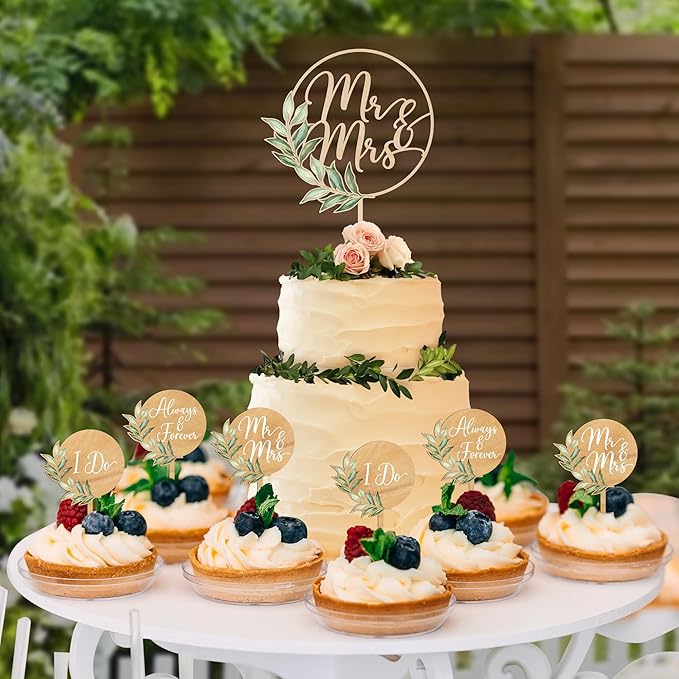 Non-Edible Wood Cake Topper Set with 12 Green Leaf Cupcake Toppers