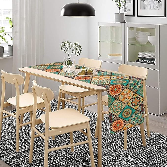 Bohemian Patchwork Table Runnerboho Colorful Tile Patchwork Indian Floral Print Table Runner for Home Kitchen Indoor Outdoor Party Wedding Decor, 13x70inch