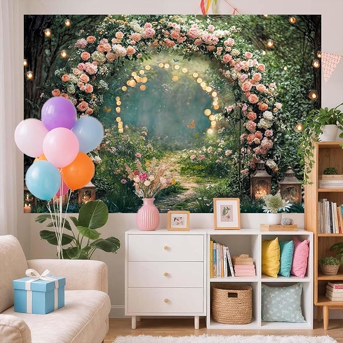 9x6ft Enchanted Forest Wedding Photography Backdrop Wonderland Roses Fairy Tale Backdrop Pink Flower Birthday Newborn Baby Shower Wedding Bridal Party Banner Photo Booth Props Anniversary Background