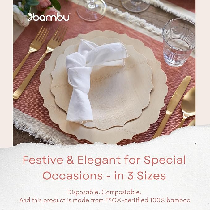 Disposable Bamboo Plates, 11 Inch Scalloped, Pack of 8