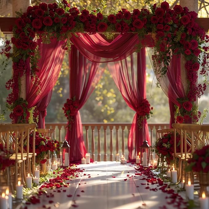 PARTISKY Wedding Arch Draping Fabric, 2 Panels Burgundy Sheer Backdrop Curtain Tulle Fabric Drapery for Arbor Wedding Archway Ceremony Party Ceiling Decor Backdrop