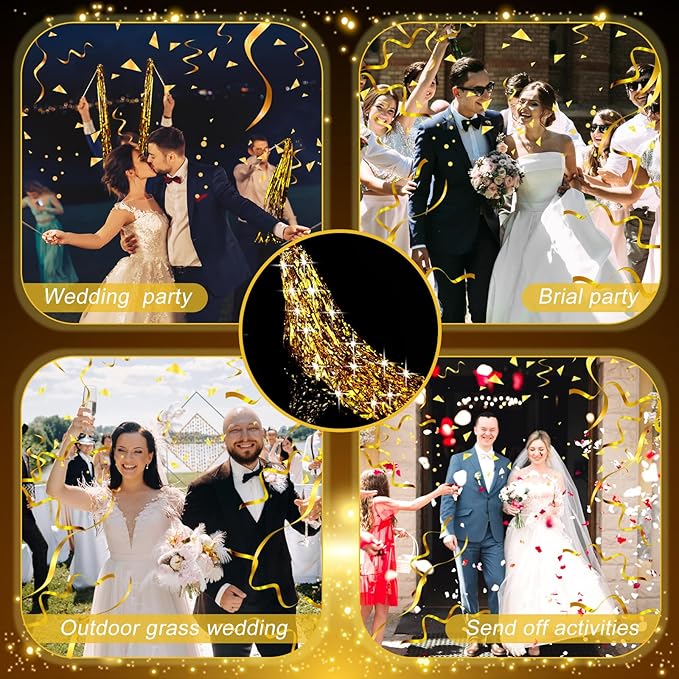 100 Pcs Wedding Fairy Wands with Bells Foil Tinsel Ribbon Stick Wands Tinsel Party Streamers with Bell Glittery Bridal Wedding Send Off Ideas Holiday Celebration (Golden)