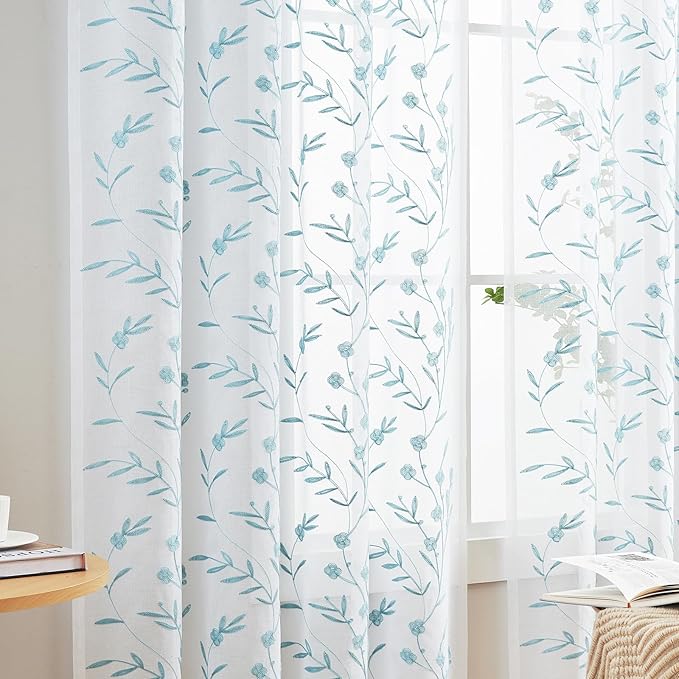 Sheer Curtains White-Blue Embroidery 63 Inch Length Rod Pocket Voile Drapes for Living room, Bedroom, Window Treatments Semi Flower Pattern Curtain Panels for Yard, Farmhouse, Set of 2, 52"x 63".