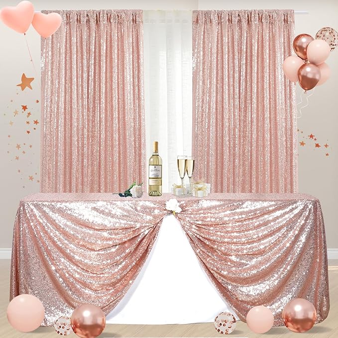 Poise3EHome Rose Gold Sequin Backdrop,2 Panels 2FTx8FT Glitter Background for Party Birthday Party Baby Shower Wedding Christmas Thanksgiving Holiday Festival Decor