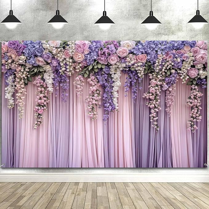 5x3ft Purple Flower Wedding Photography Backdrop Lavender Floral Wedding Bridal Photography Backdrop Anniversary Birthday Baby Shower Girl Party Banner Photo Booth Props Background Wall Decor