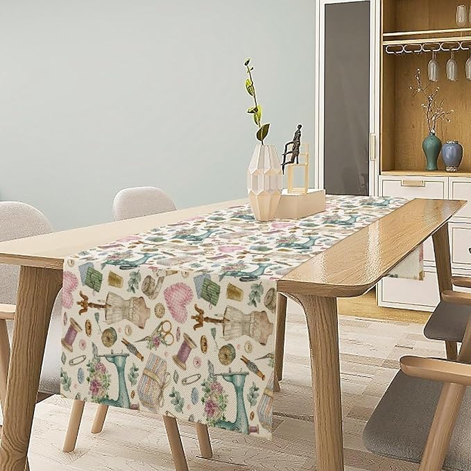 Sewing Theme Table Runner,Vintage Sewing Machine Tool Watercolor Pattern Print Tablecloth Burlap for Hotel Indoors Outdoor Dining Room Kitchen Home Decor,W13X L70 in