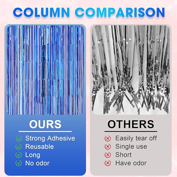 2 Pack Blue Foil Fringe Backdrop Curtains, Tinsel Streamers Party Decorations, Fringe Backdrop for Graduation, Disco Party