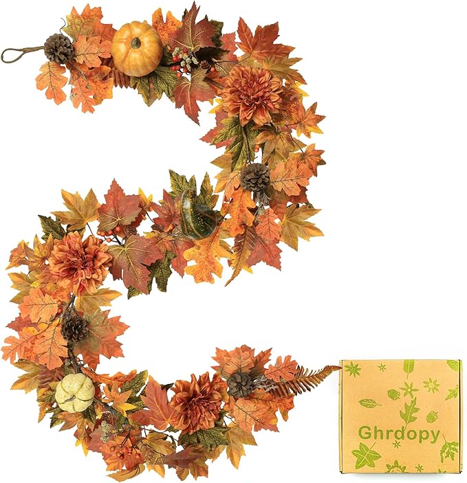 Fall Maple Leaf Garland 6 Ft Artificial Vine with Pumpkins