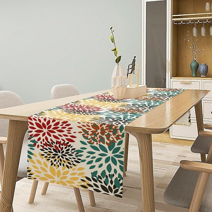 Green Red Dahlia Flower Table Runner Chrysanthemum Geometric Kitchen Dining Bedroom Living Room Table Decor for Indoor Outdoor Home Party, 13x90 Inch