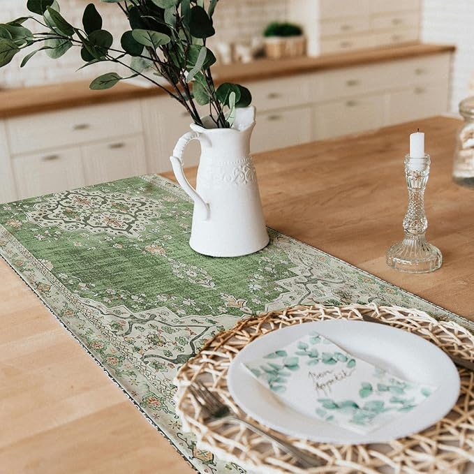 Snycler Table Runner Boho Table Runners Vintage Elegant Farmhouse Table Center Linen Decor for Home Dining Party Entrance (13x48 Inch) Light Green