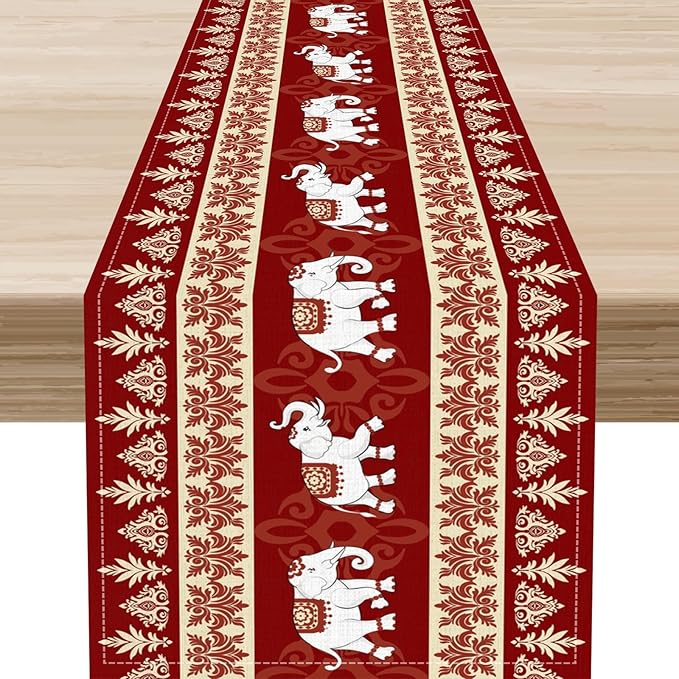 Boho Elephant Table Runner, Vintage Tribal Traditional African Animals Ethnic Folk Red Table Center Decor for Home Kitchen Dining Patio Holiday Party Indoor Outdoor Table Decorations, 13"x72" Inch