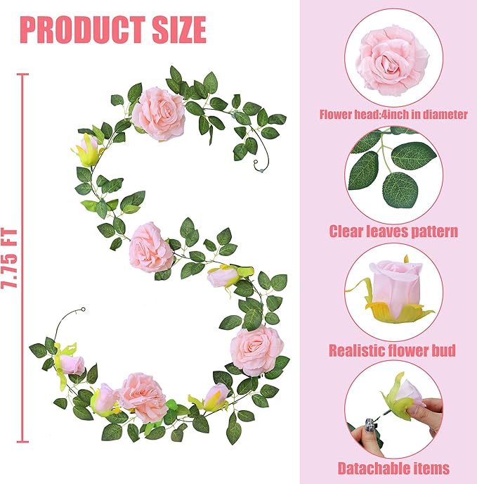 Pink Artificial Rose Vine Garland, 6 Pack, 7.75 Ft Silk Flowers