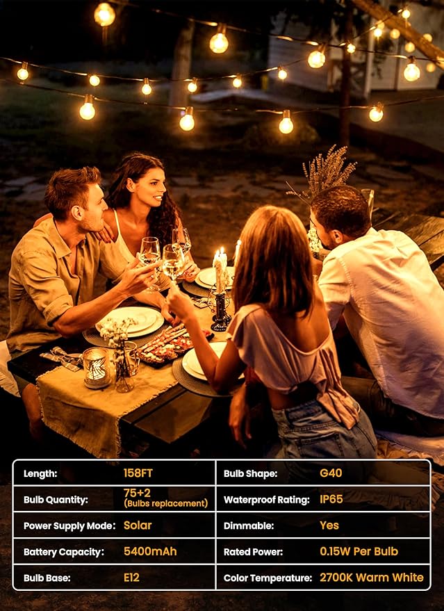 Solar String Lights, 158 Ft Outdoor Patio Lights with Remote, Warm White
