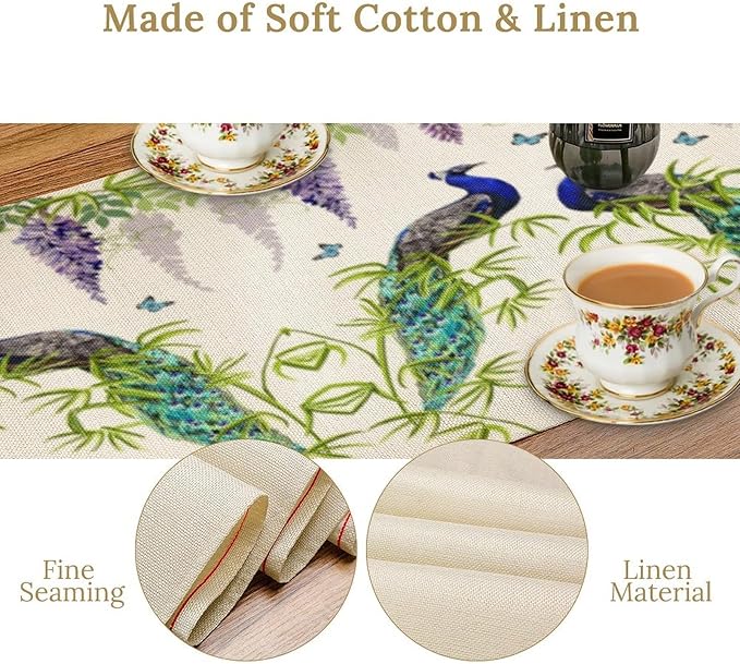 Peacock Table Runner,Spring Plant Butterfly Print Seasonal Table Runner for Home Kitchen Dining Party Indoor Outdoor Decoration 13x36 Inch