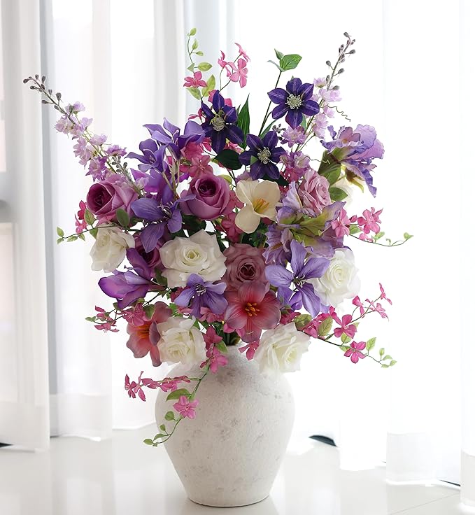 Artificial Flowers Bouquets for Bridal Wedding Home Decor Fake Floral Arrangements for Party Table Centerpieces DIY Silk Flower Set Spring Summer Indoor Outdoor (Combo Purple/White)