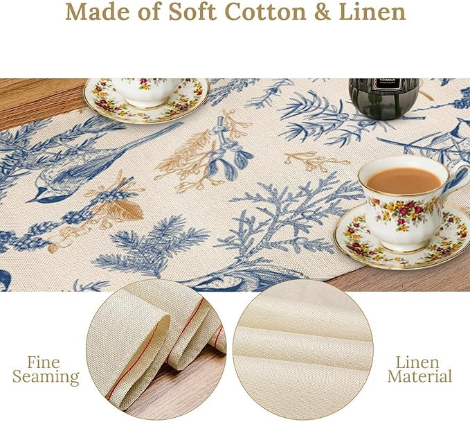 Chinoiserie Flowers Table Runner, Seasonal Spring Fall Plants Blue Florals Birds Dinner Runner for Home Kitchen Dining Table Party Holiday Decoration 13"x60"