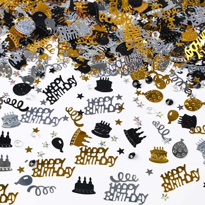 VHUWE Happy Birthday Confetti, 1.6 oz Black Gold Silver Cake Balloon Star Goblet Bottle Glitter Confetti for Happy Birthday Party Decorations Boys Girls Kids Women Men Birthday Table Decorations