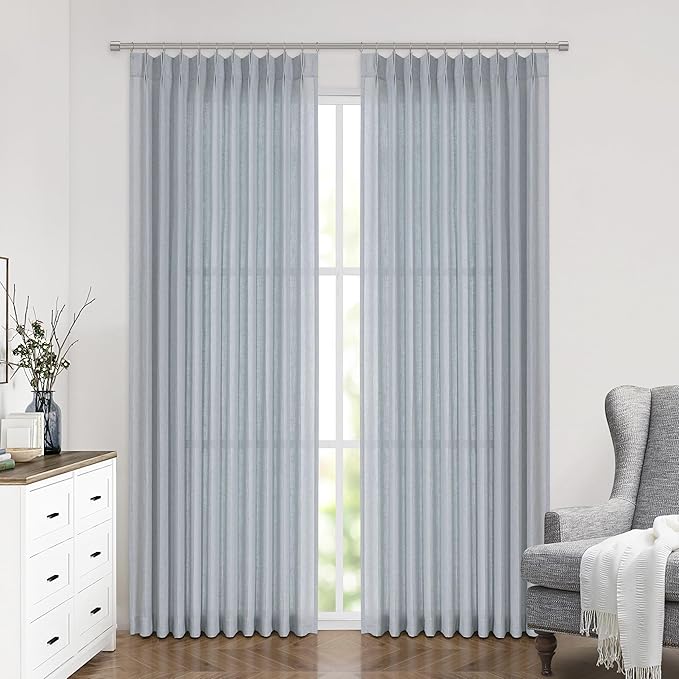 Vision Home Blue Grey Pinch Pleated Semi Sheer Curtains Textured Linen Blended Light Filtering Window Curtains 120 inch for Living Room Bedroom Patio Pinch Pleat Drapes with Hooks 10FT 60" Wx120 Lx1
