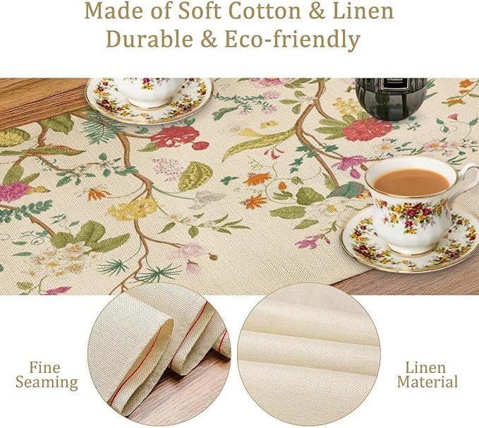 Floral Table Runner, Vintage Birds Wildflowers Herbs Nature Theme Linen Long Table Kitchen Dining Table Holiday Party Decorative Table Runner,13in（33cm） W * 72in（184cm） L