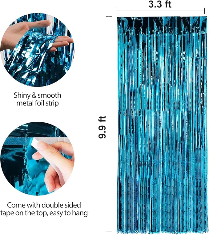Crosize 2 Pack 3.3 x 9.9 ft Blue Foil Fringe Curtains Party Decorations, Blue Tinsel Curtain Backdrop for Parties, Door Streamers, Glitter Streamer Fringe Backdrop for Birthday Decoration