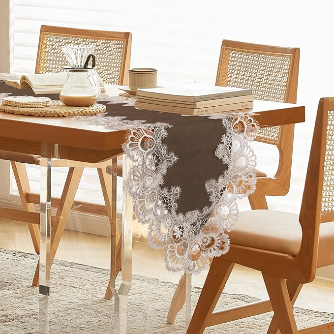 Vintage Lace Dining Table Runner, 108 Inches Macrame Coffee Table Runners for Kitchen Home Christmas Party Decorations (16x108 inch,Brown)