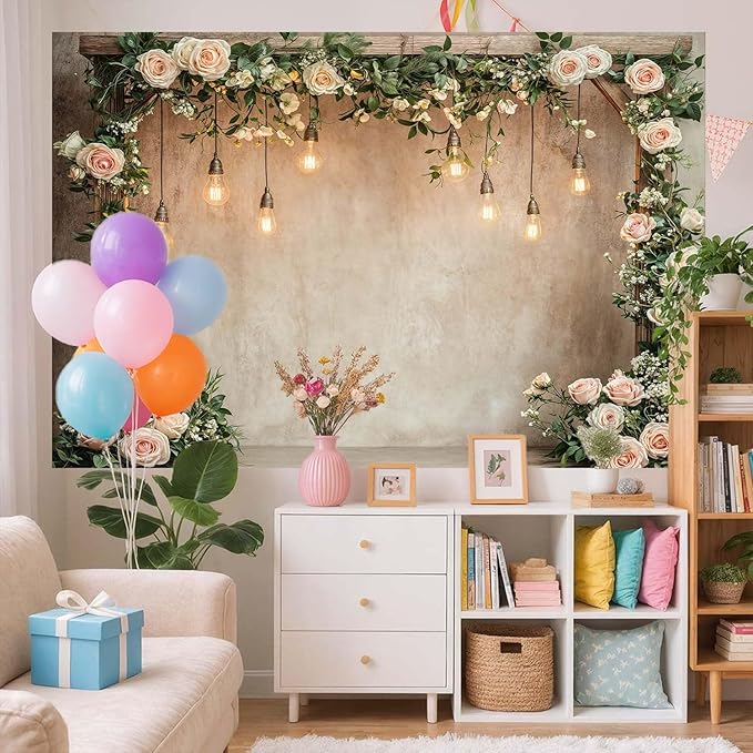 12x10ft Country Wedding Photography Backdrop Floral Rustic Roses Farmhouse Wooden Door Backdrop Pink Flower Birthday Baby Shower Wedding Bridal Party Banner Photo Booth Props Anniversary Background