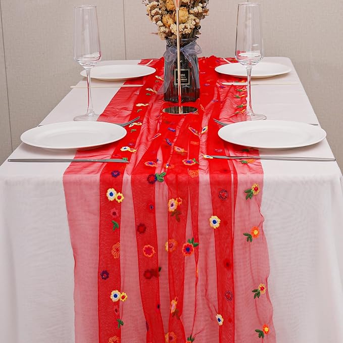 BINBE 12pcs Daisy Fall Table Runner Embroidery Gauze 10FT Florals Seasonal Tulle Holiday Birthday Kitchen Dining Table Decor for Home Party Red