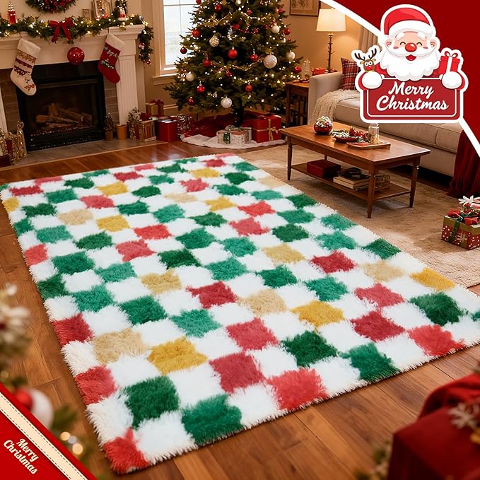 Area Rug 6x9 Plaid Holiday Rug in Red, Green, White and Gold