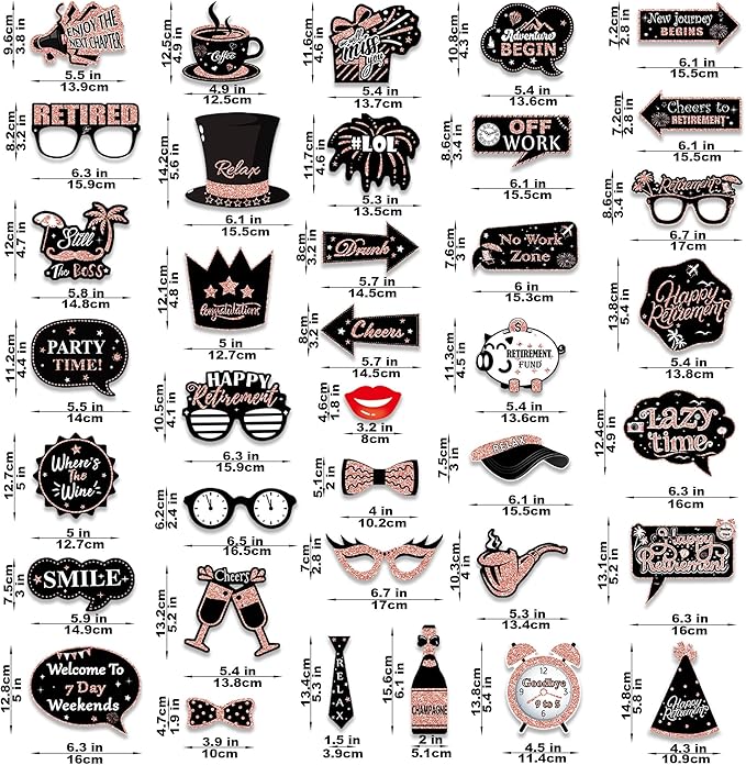 Photo Booth Props, 27 Pieces with Frame, Rose Gold and Black Retirement