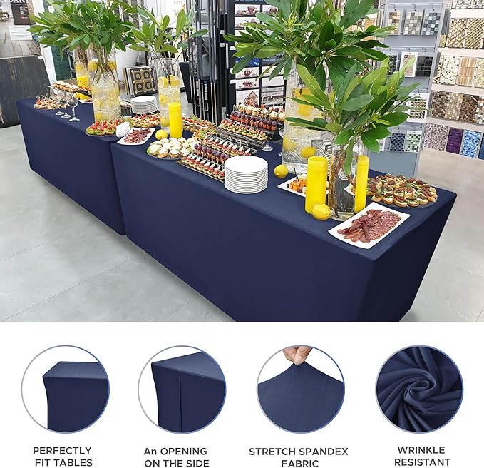 Nasitos Fitted Table Covers Stretch Spandex - 96 x 30 Inch - 2 Pack Navy Rectangle Table Clothes for 8 Foot Folding Tables, Fabric Tablecloths for Parties, Trade Show, Craft Show, Birthday