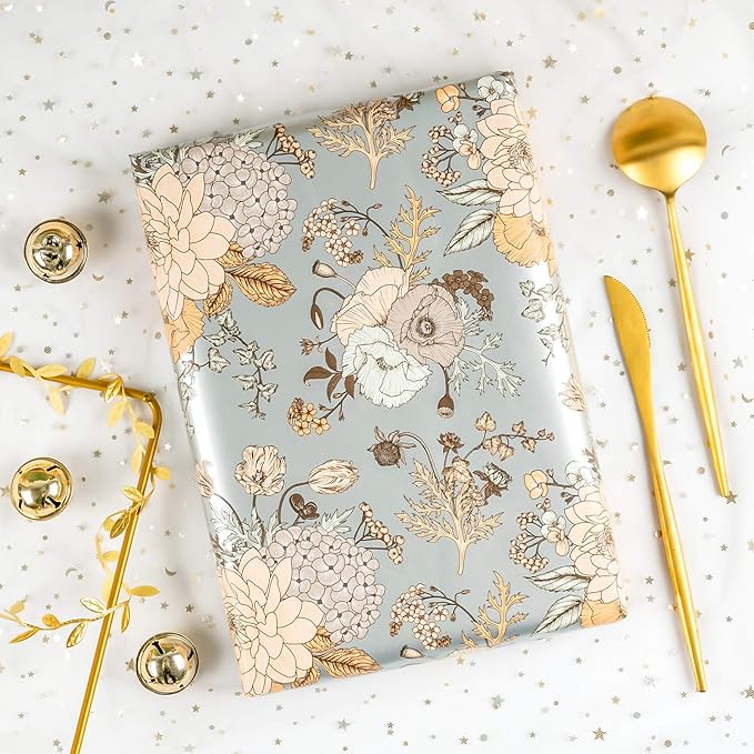 WRAPAHOLIC 30 Inch Jumbo Floral Wrapping Paper - 30 Inch X 33 Feet - Pearlized Silver Vintage Floral Wedding Wrapping Paper for Birthday, Bridal Shower, Baby Shower