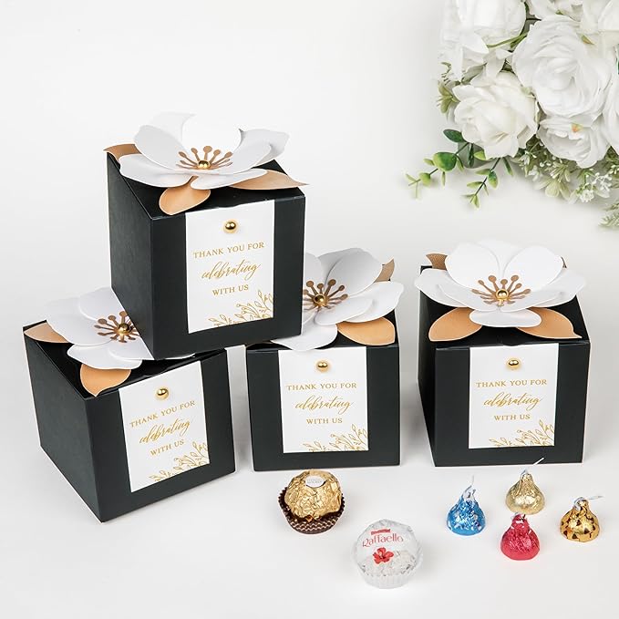 FEIYI 20 PCS Black Gift Boxes, 3 In 1 Favor Boxes with Floral Decor, White Thank You Tags Cupcake Containers Gift wrapping for Wedding, Baby Shower, Birthday, Decorations Party - 3.55x3.55x3.55