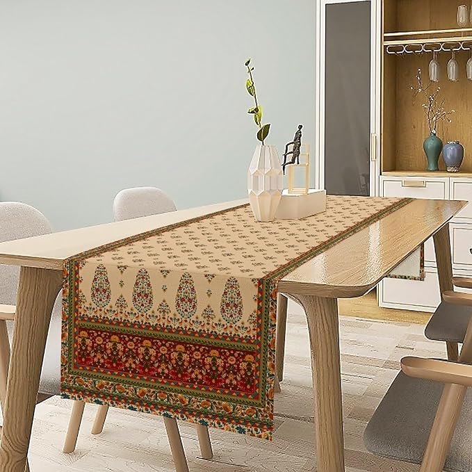 Boho Paisley Table Runner, Vintage Western Brown Dark Red Beige Flowers Leaves Print Table Runner for Kitchen Dining Table Wedding Holiday Party Decor, 13x108inch